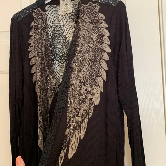 NWT VOCAL black & gold/taupe rhinestone & lace cardigan size small. Gorgeous! - Picture 6 of 9